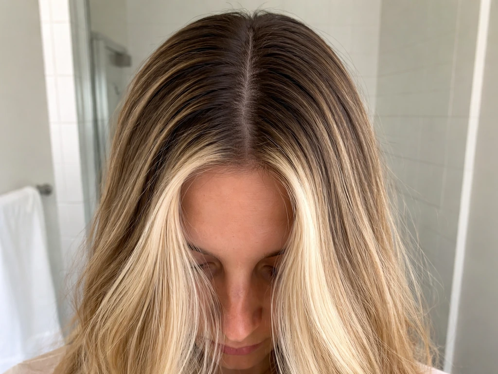 Hair close-up showing highlighted ends growing out from untouched roots and a clear regrowth boundary.