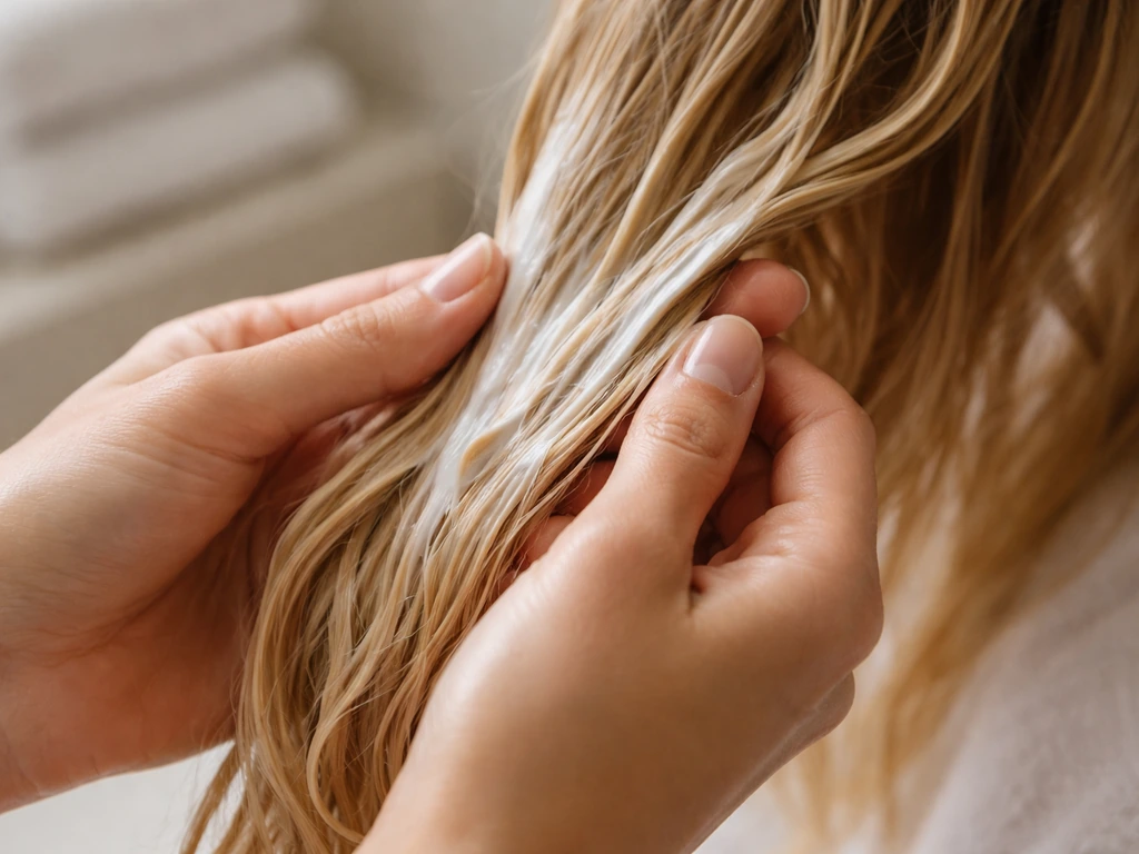 Hands apply creamy leave-in conditioner to lighter highlighted strands, showing targeted hydration.