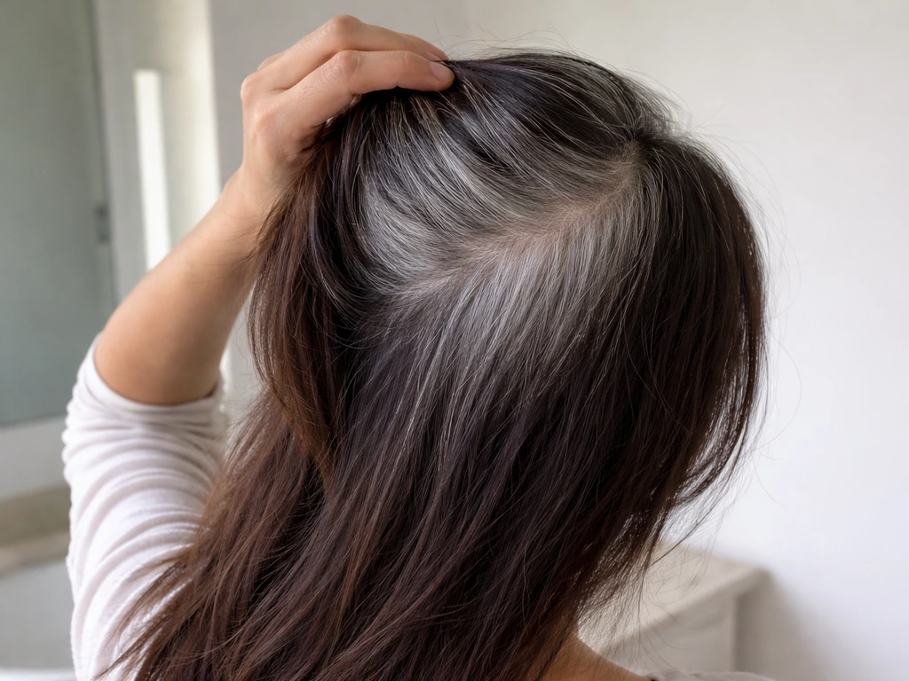 Person holding up hair to show salt-and-pepper roots blending into darker ends, in a simple bathroom setting