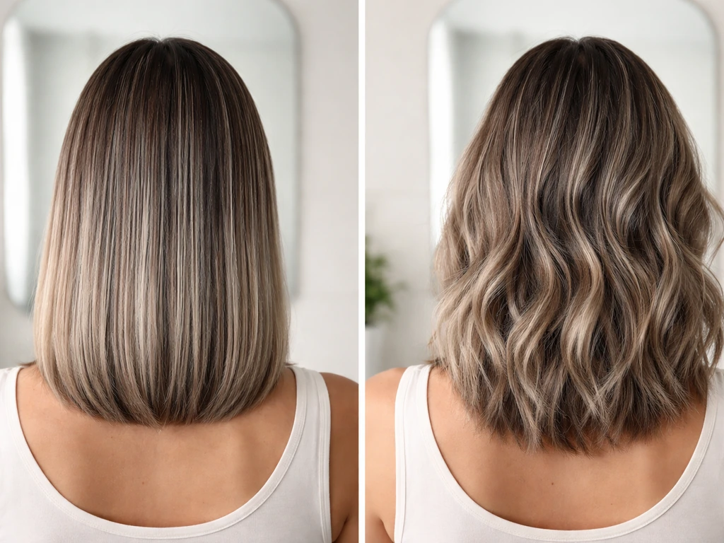 Two adjacent mirror shots showing a mid-length bob: straight finish on one side, textured waves on the other.