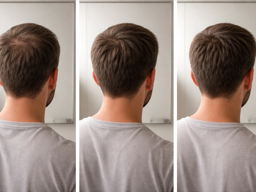 Hair grow-out shown in three time phases with the same anonymous person in a clean bathroom setting.