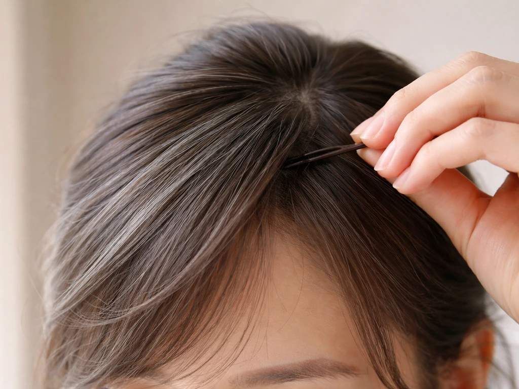 Close-up of hair bangs swept to the side and gently pinned near the hairline, blending into surrounding hair.