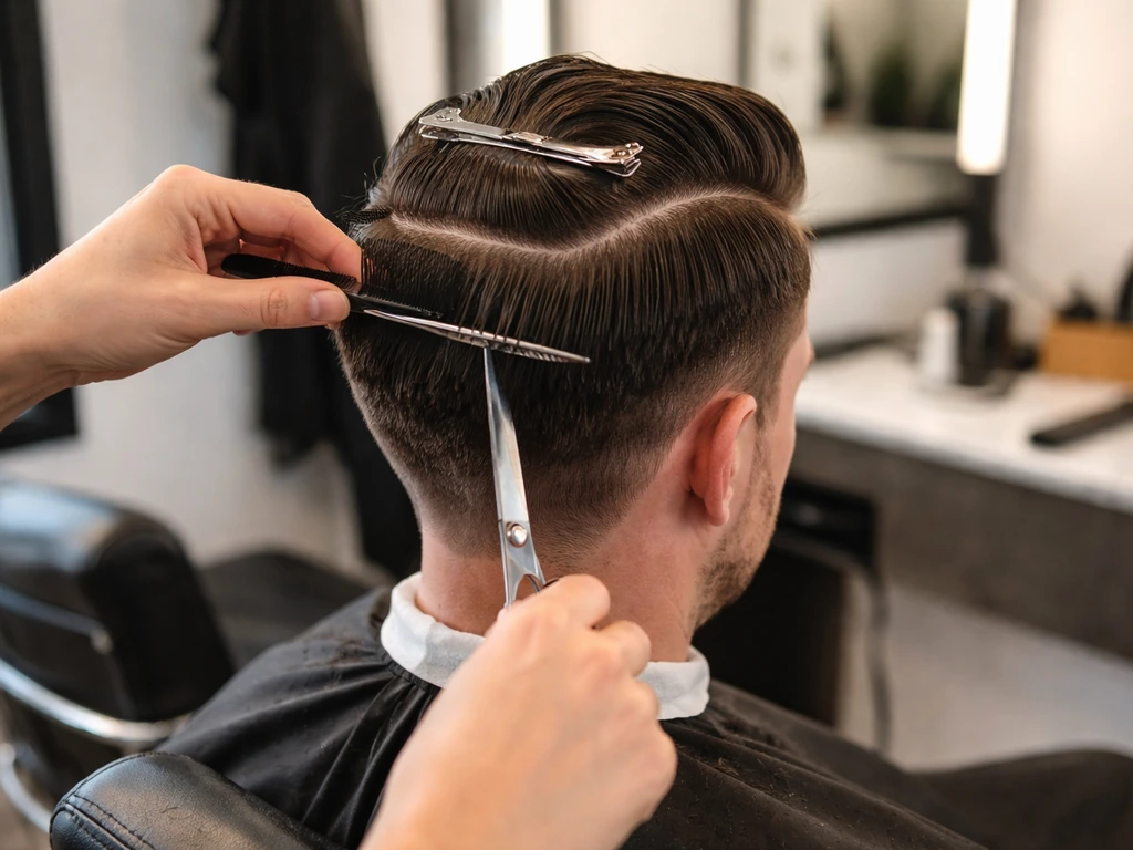 Man in a barbershop chair getting a grow-out haircut, hair sectioned and combed with tools nearby.