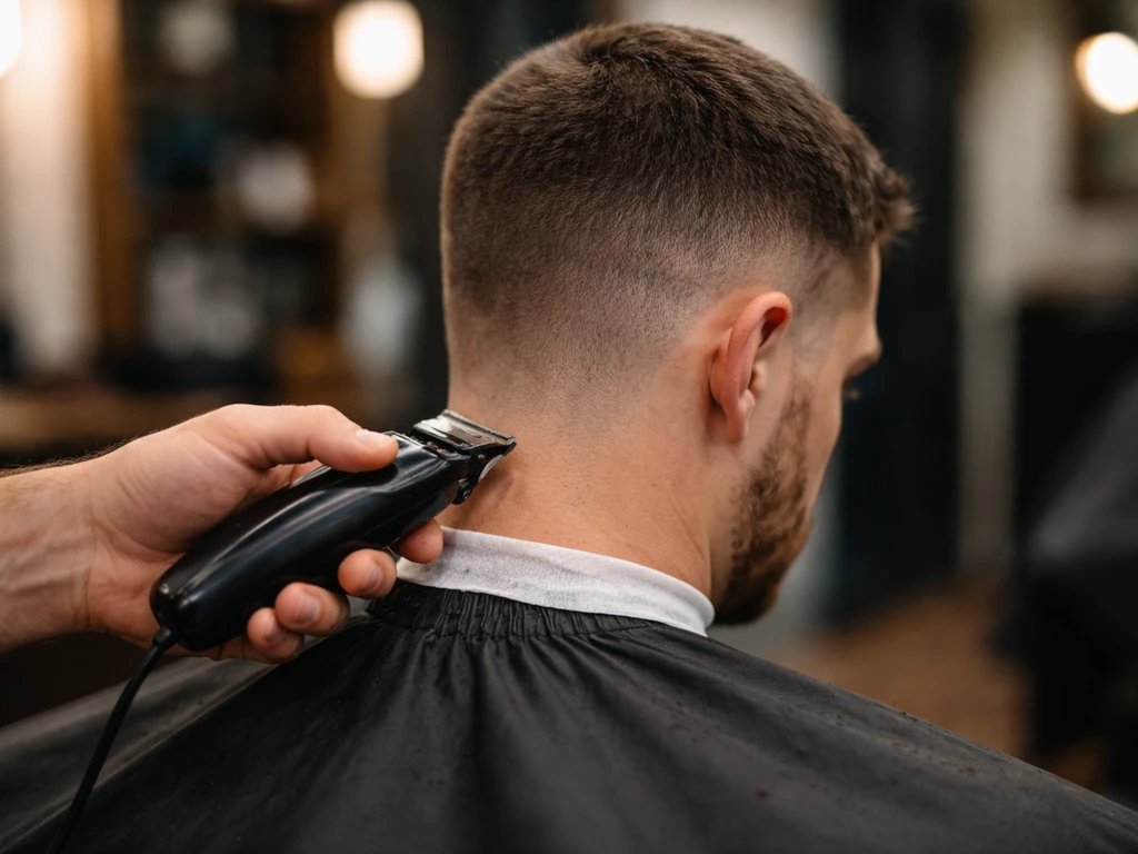 Barber trims a man’s neckline with clippers, maintaining a very short buzz cut outline.