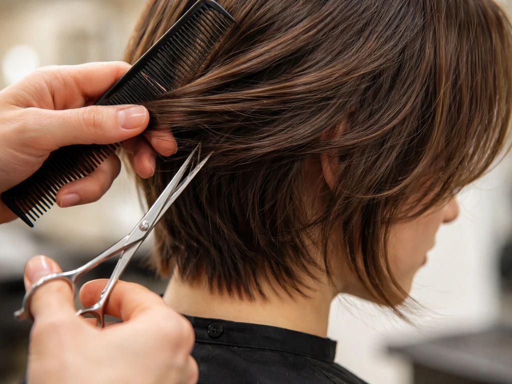 Close-up of a stylist trimming layered medium-length hair near the ear and collar in a salon.
