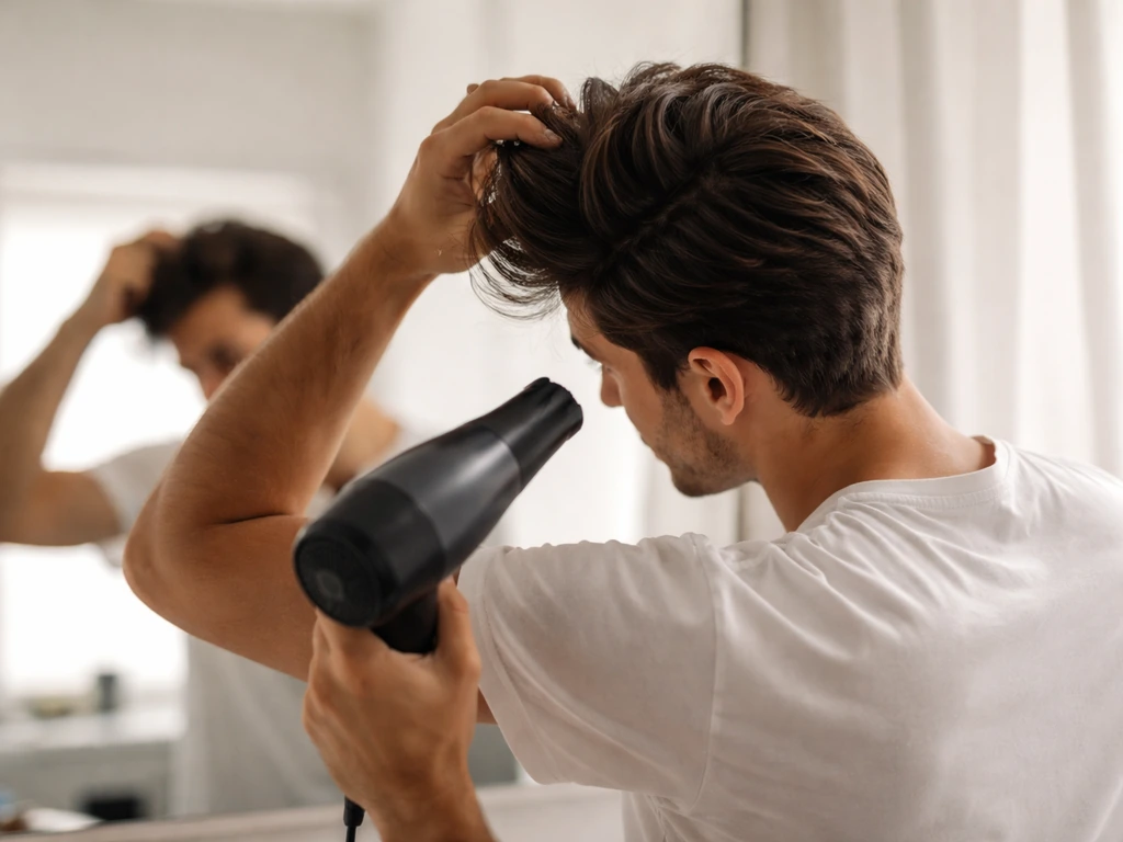 Anonymous man blow-drying medium-length hair to add volume on top while keeping sides flat.
