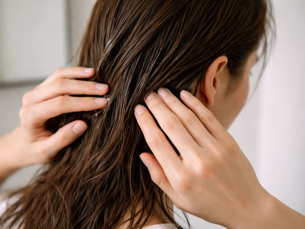 Close-up of hands applying a light hair cream to medium-length hair past the ears.