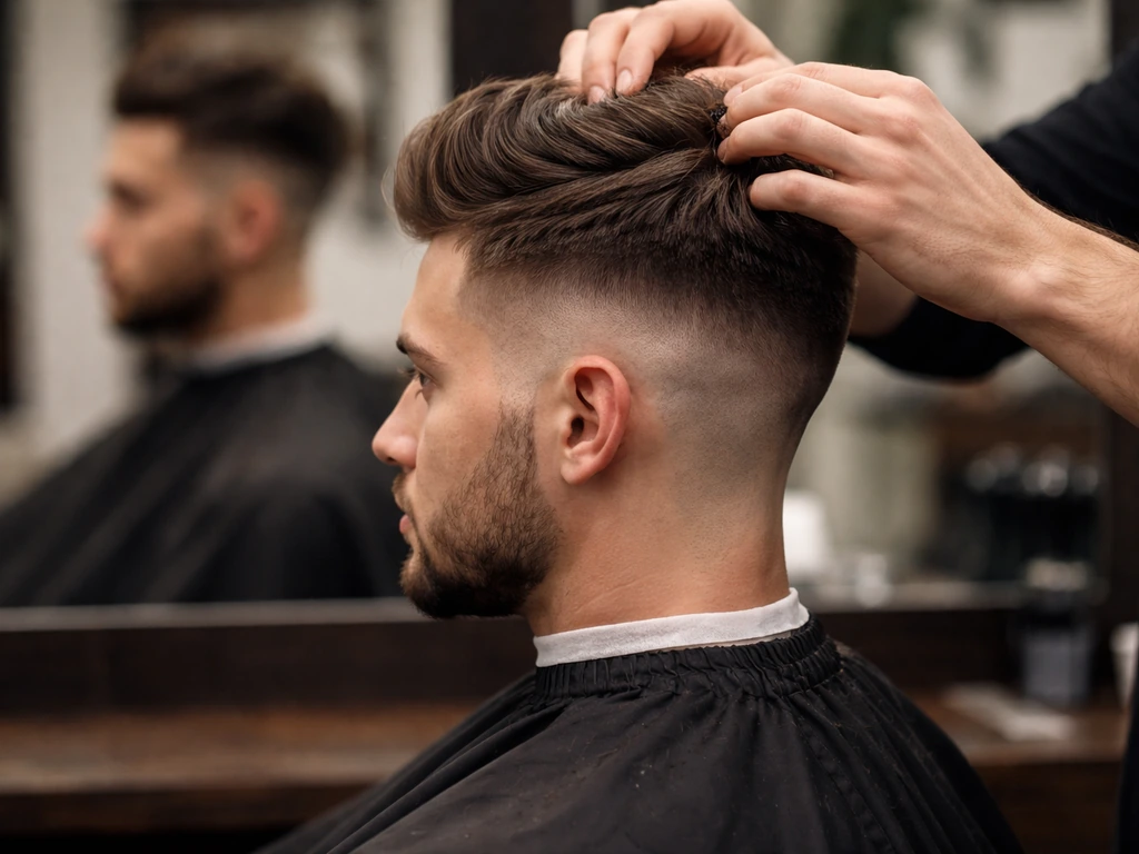 Barbershop chair scene showing undercut grow-out with short sides and longer top blended.