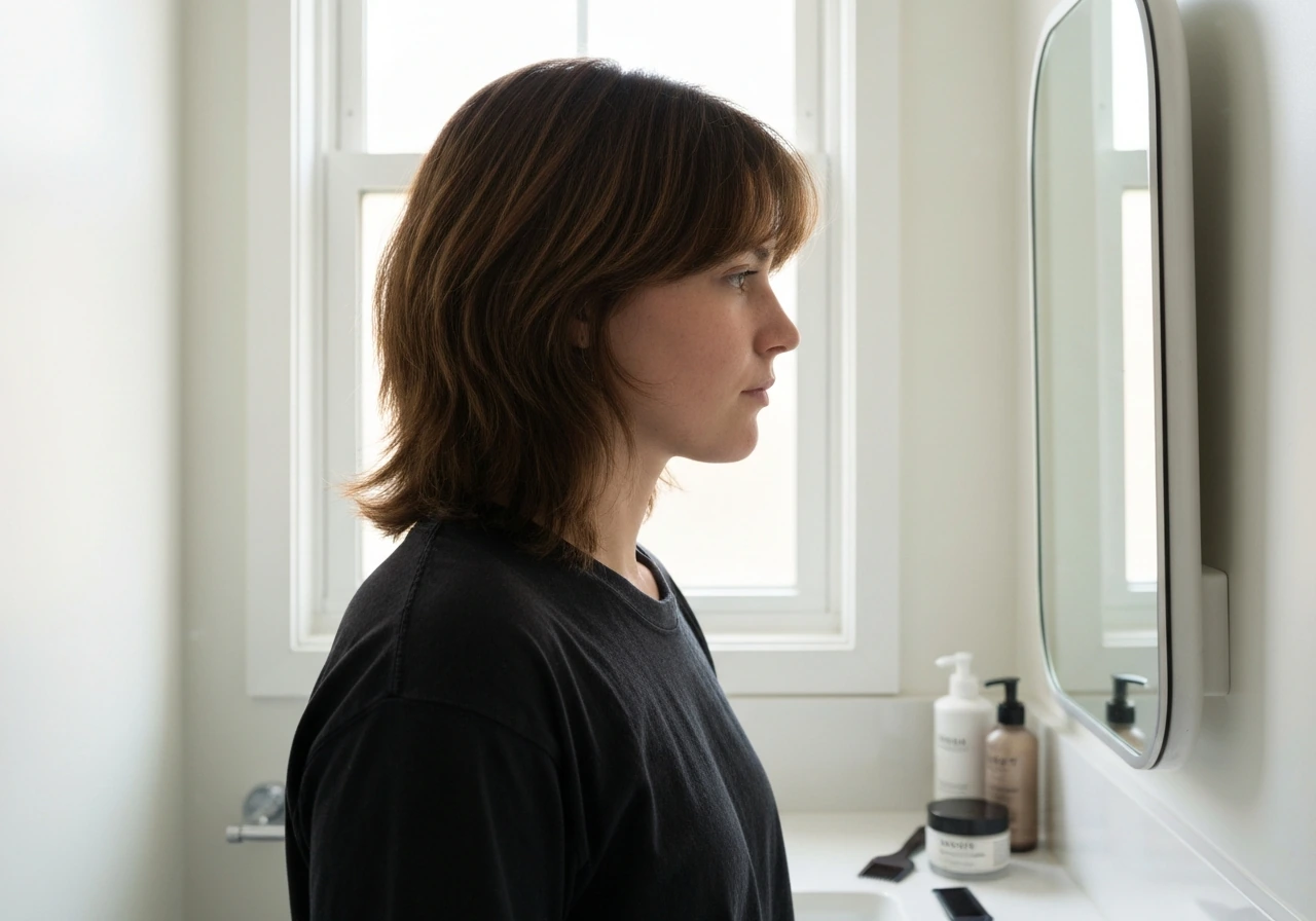 Person with shag haircut mid-growout, longer layers and airy texture in bright bathroom light.