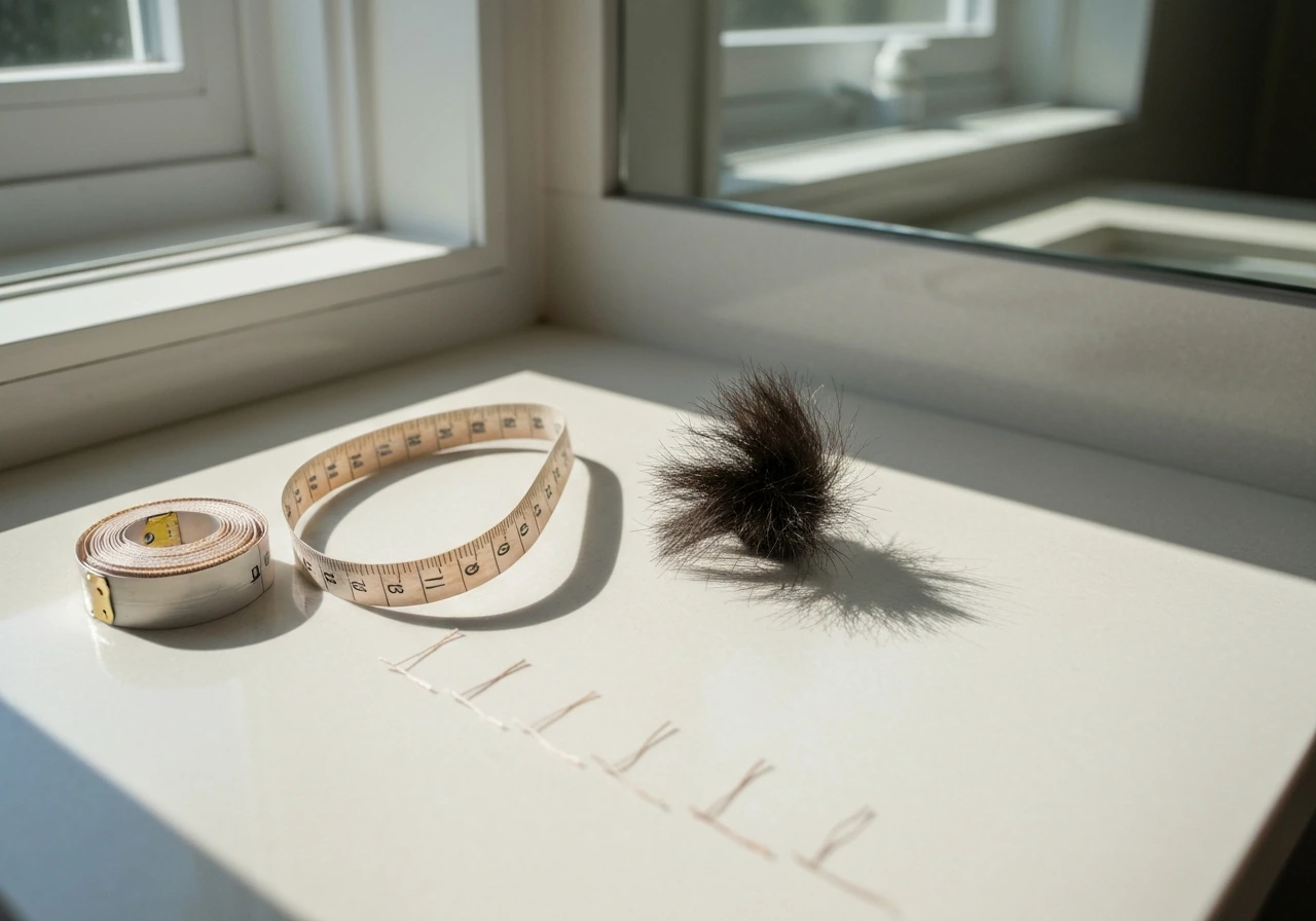 Hand holding a hair measuring tape next to a small tuft of shag hair and simple thread length markers.