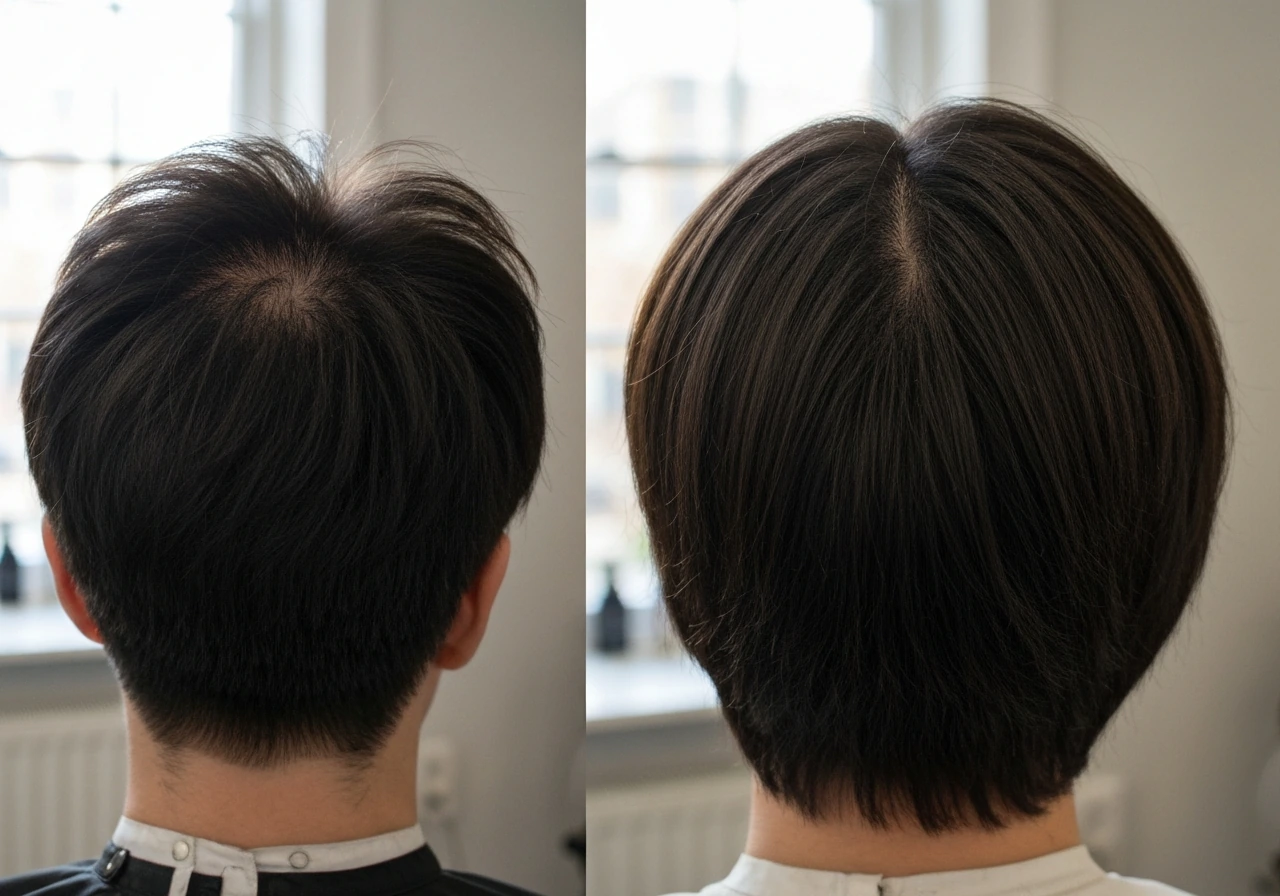 Side-by-side close-up showing even blended haircut: smoother uneven sides and a natural crown