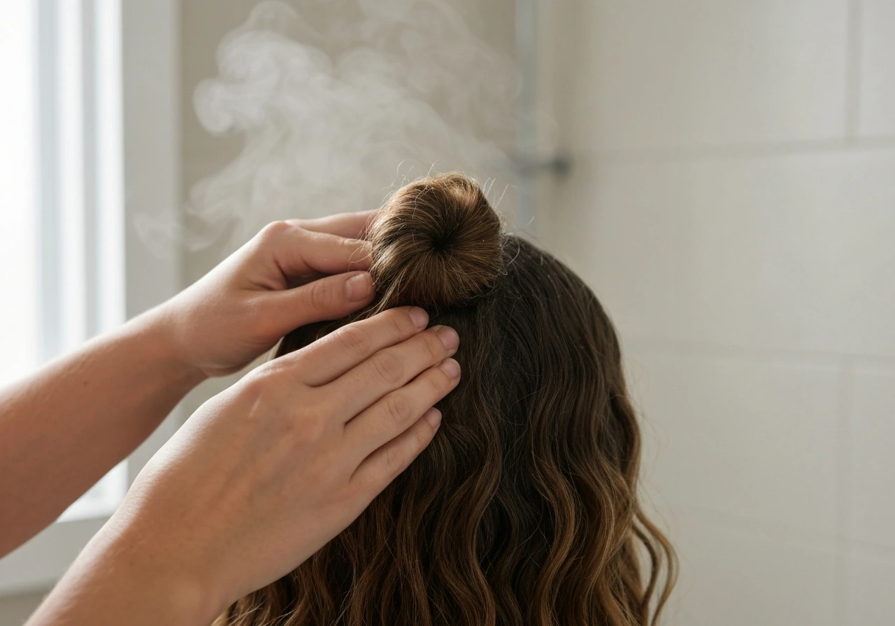 Anonymous hands scrunch anti-frizz product into the ends of wavy hair in a quiet bathroom setting.