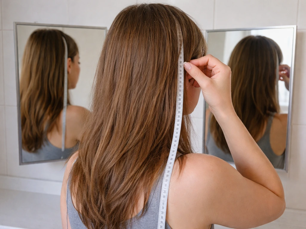 Two-mirror bathroom setup with dry hair and a measuring tape to map unevenness from angles.