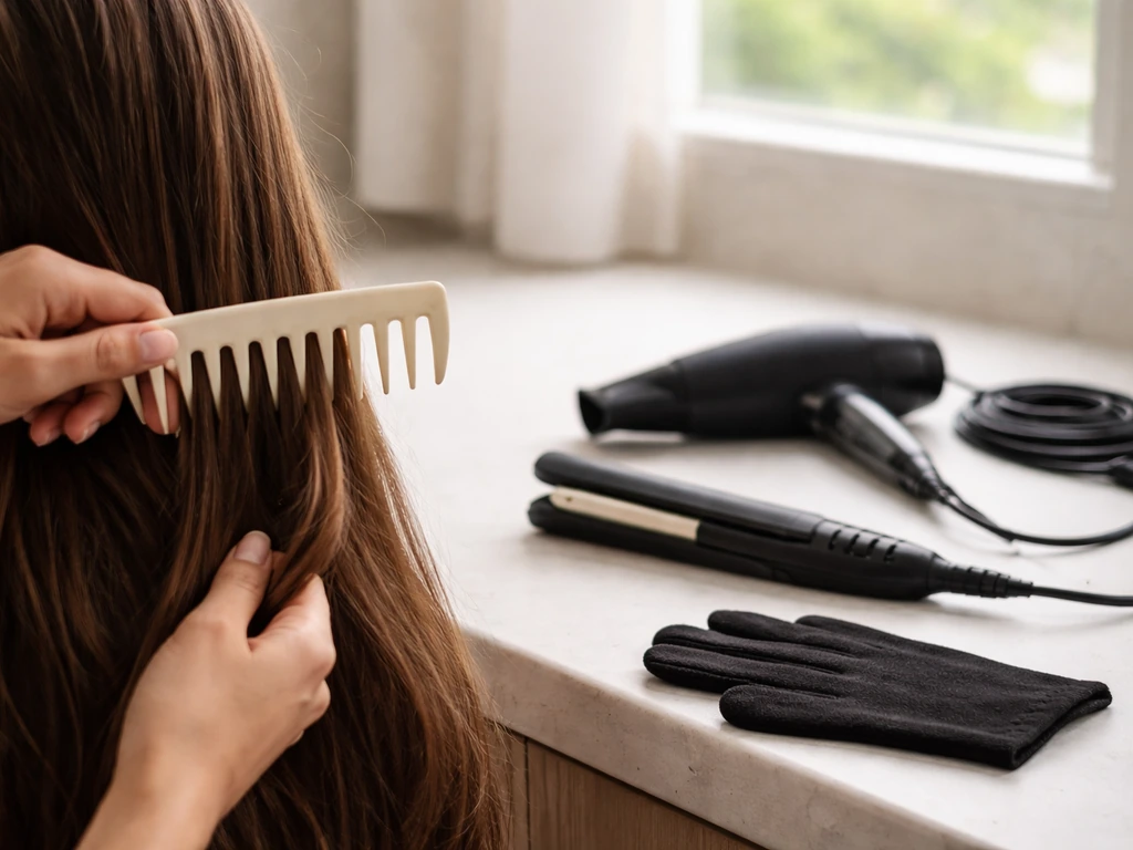 Haircare scene showing heat tools set aside next to a simple no-heat sectioning plan on hair