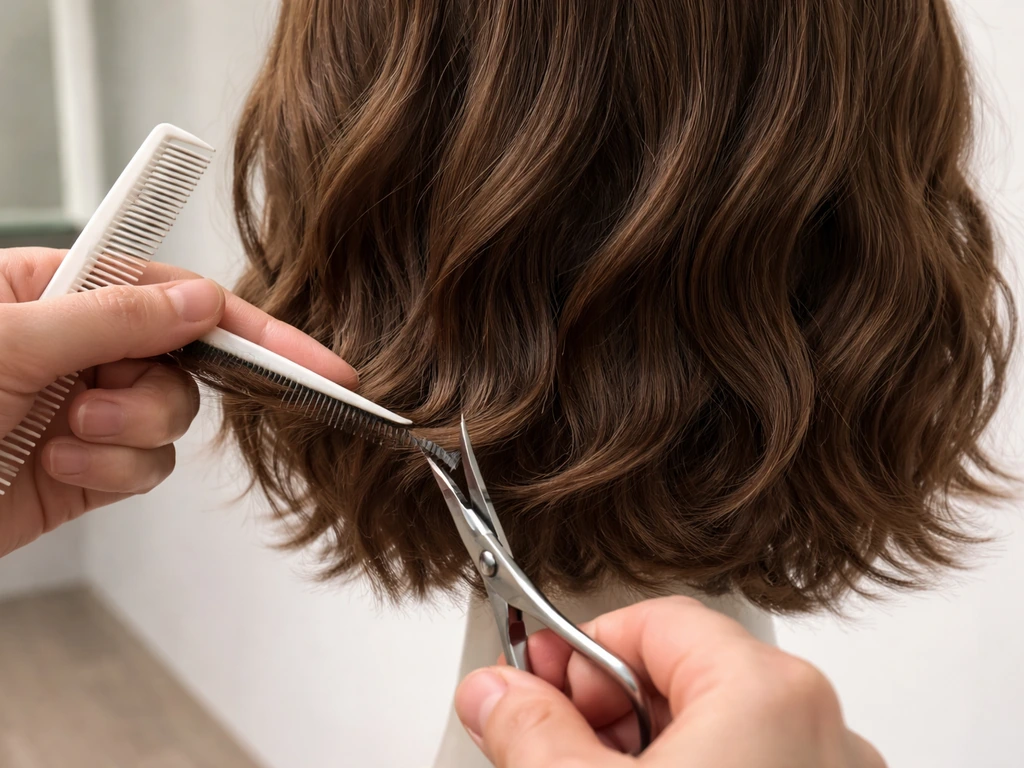 Close-up of hair stylist shears and comb making tiny micro-trim cuts to refine a silhouette
