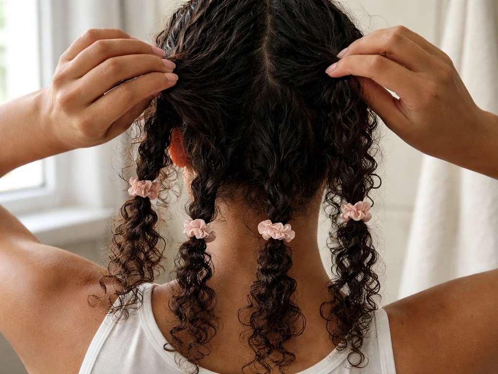 Hands stretch damp natural curls with small satin clips for more even, non-heat length.