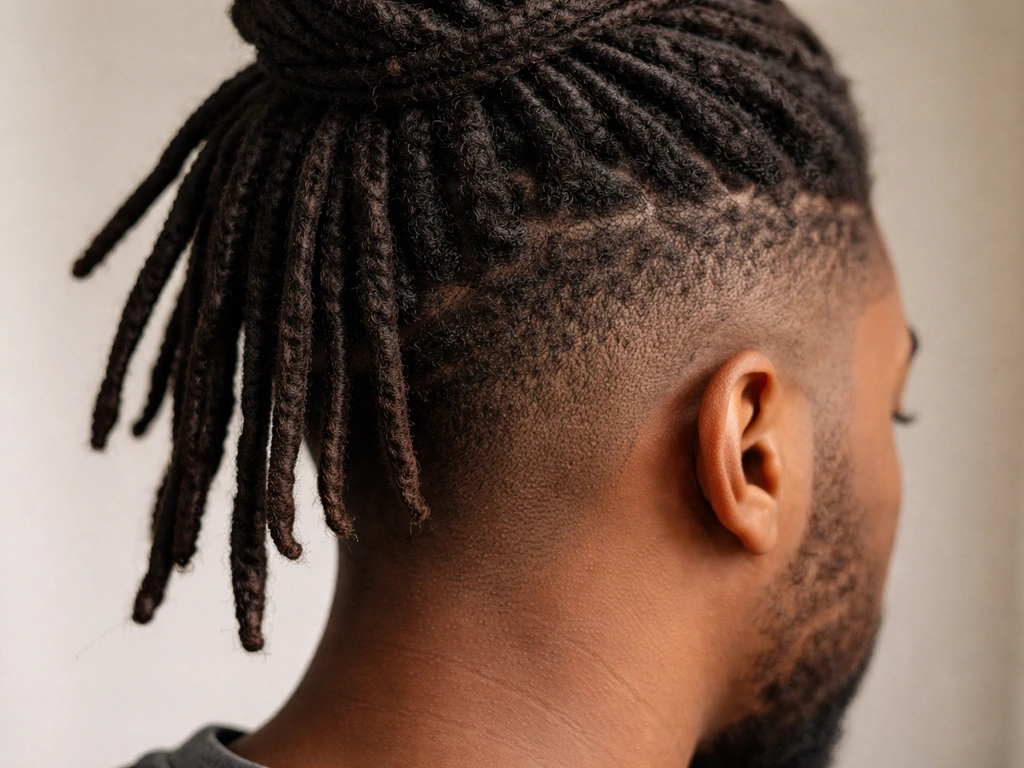 Close side view of high top dreads with uneven grow-out length near the temples.