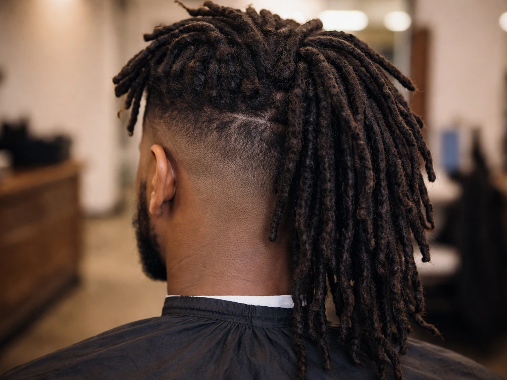 Close-up of a high top dread grow-out showing a fade/undercut boundary and uneven side lengths.