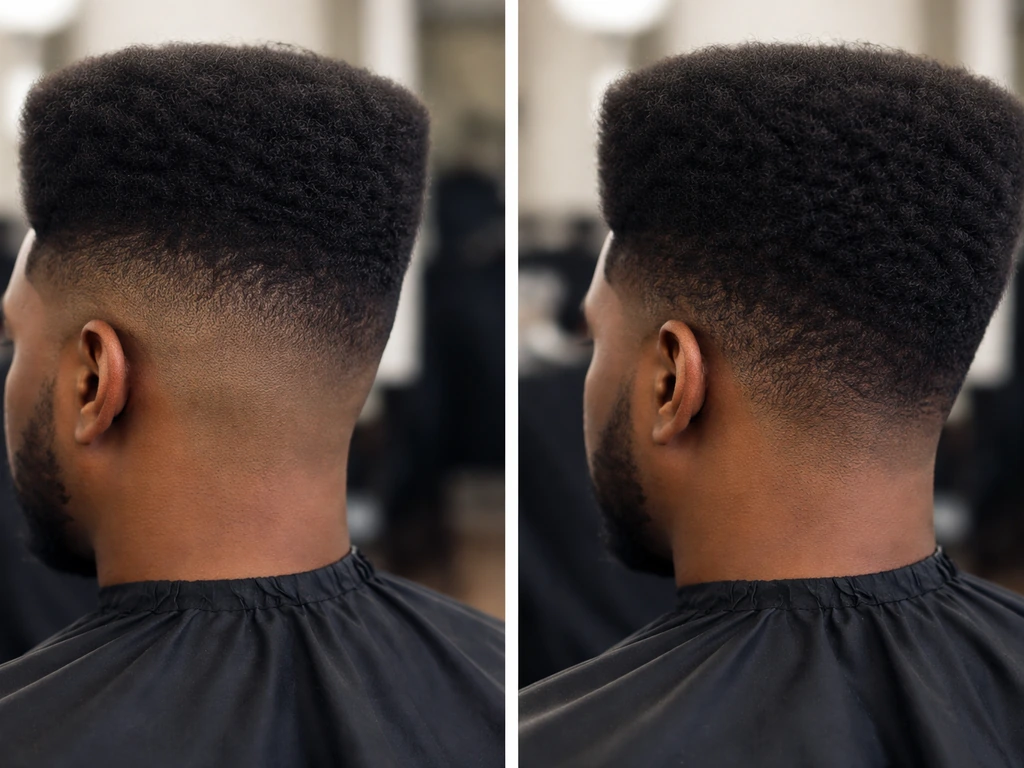 Split image: left shows a sharp fade/undercut with a high top; right shows grown-out sides matching it.