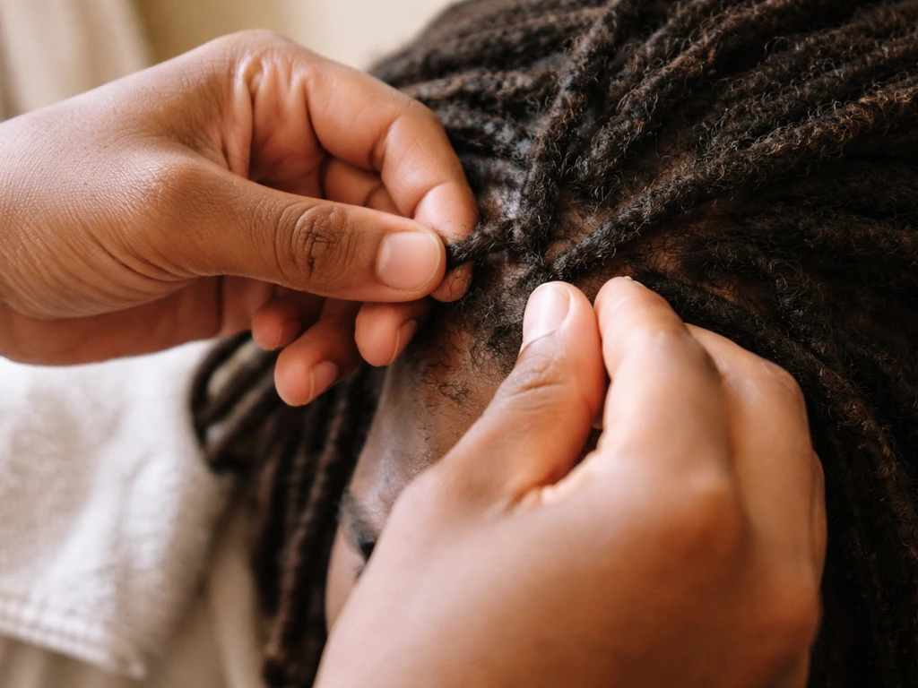 Hands retwisting and palm rolling small sections of side locs to tighten the pattern.