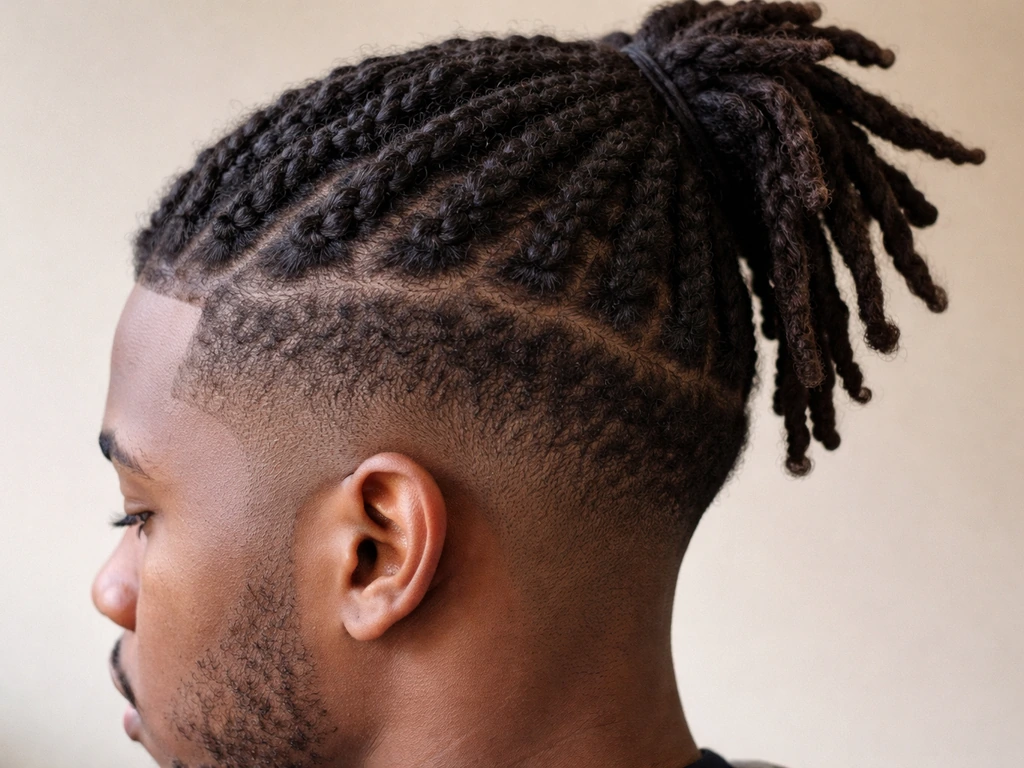 Close-up of neat temporary two-strand twists on the sides blending into growing high-top dreads.