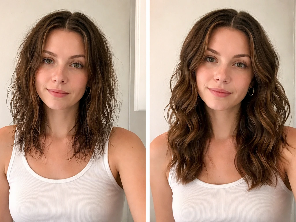 Split view of awkward dome hair transitioning to smoother, visible wavy caps.