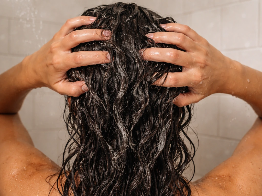 Hands rake foam through damp wavy hair in sections, water droplets visible for wave-building.