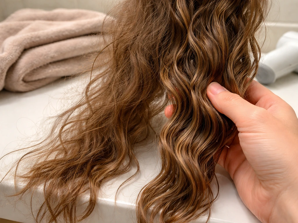 Close-up of wavy hair with one hand scrunching defined sections and another untouched, showing frizz.