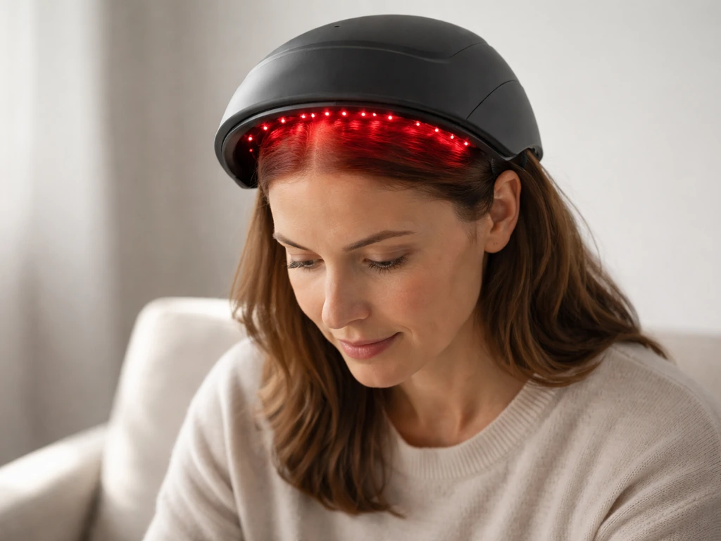 Adult wearing an LLLT laser cap in contact with the hairline under soft natural light.