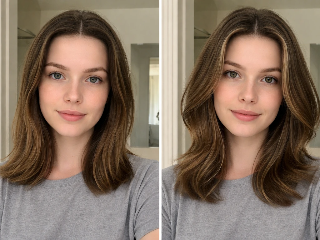 Woman using soft face-framing hair pieces to blend a growing hairline, staged before and after.