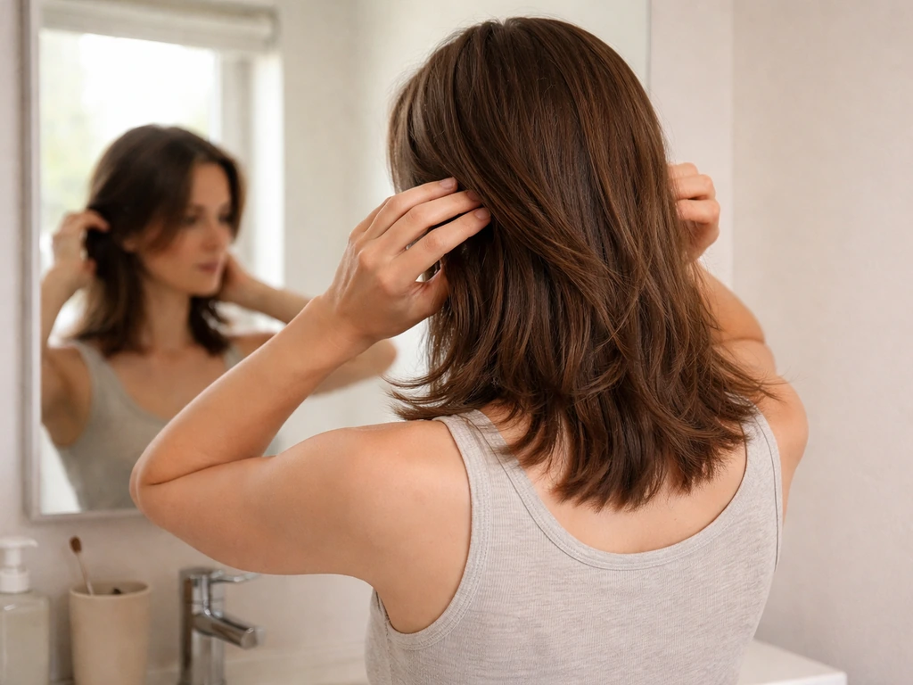 Person in a simple bathroom adjusting longer hair in front of a mirror, showing a natural hair-growth change.