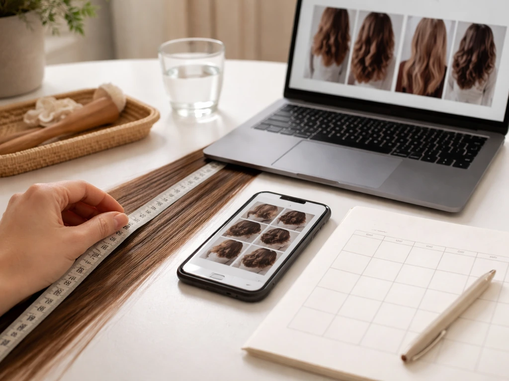 Measuring tape beside a phone and laptop with hairstyle references and a blank trim calendar plan.
