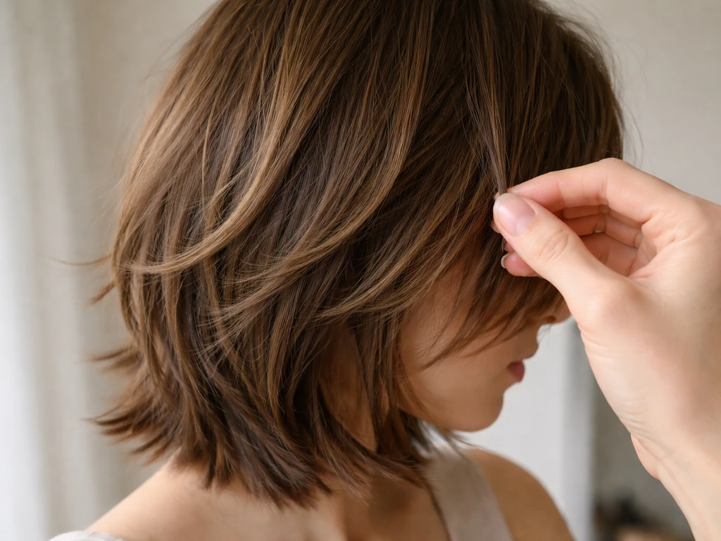 Close-up of hands styling uneven layered hair with a small amount of product for blending.