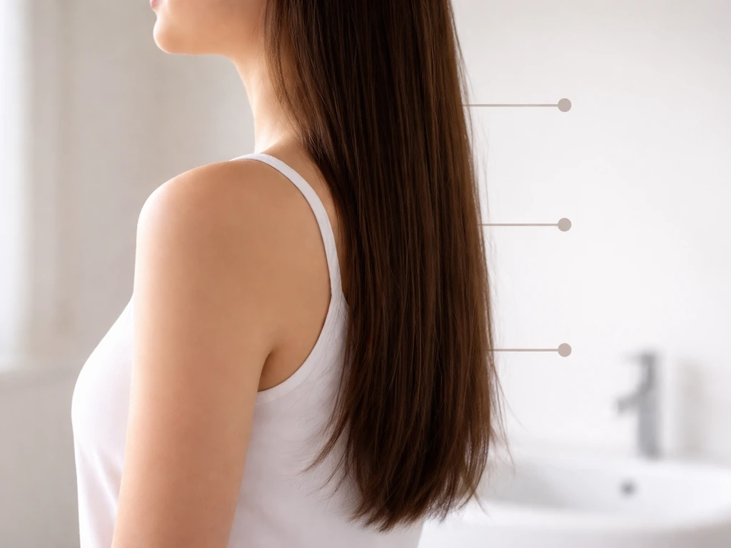 Side view of natural hair with a subtle three-level measuring ladder for chin, shoulder, and mid-back lengths