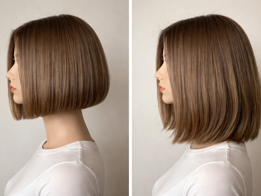 Two-stage bob grow-out shown side-by-side on mannequins: fresh bob vs longer lob.