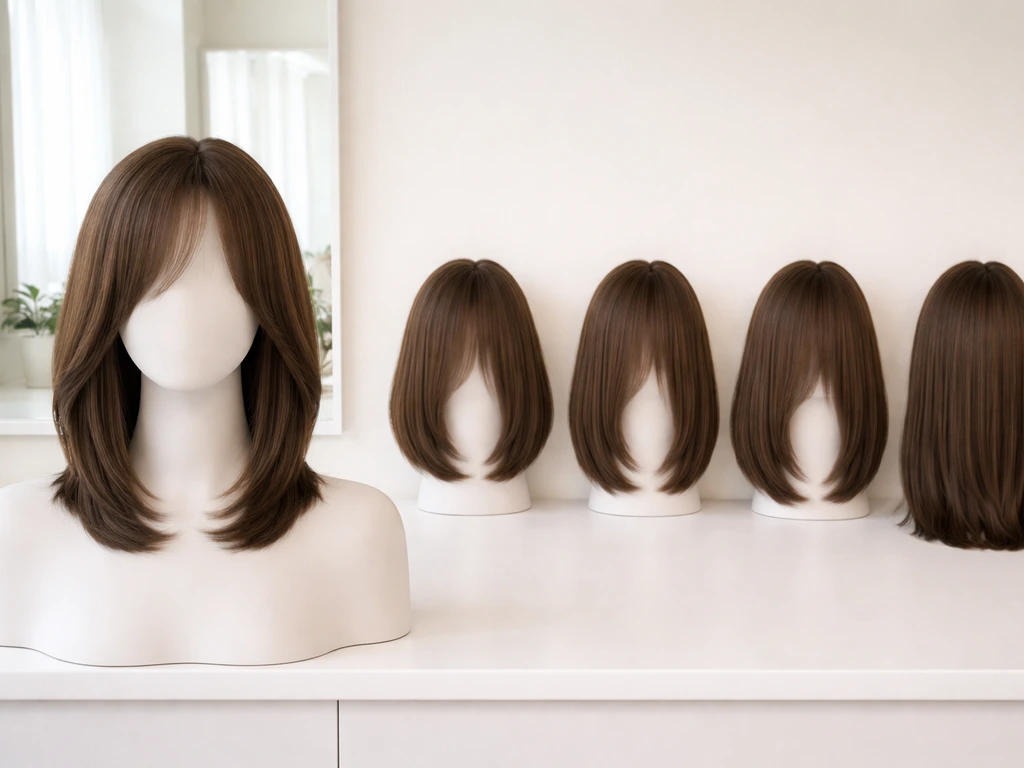 Minimal photo of a salon mannequin showing four consistent bob lengths in a simple progression.