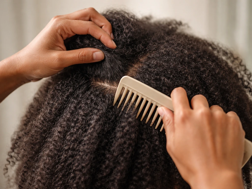 Close-up of hands detangling hair with a wide-tooth comb, sectioning from ends upward