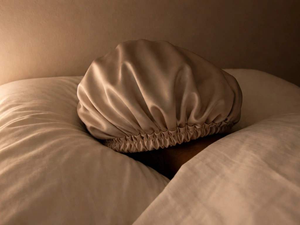 Hair wrapped in a satin/silk bonnet on a pillow at night to reduce friction while sleeping.