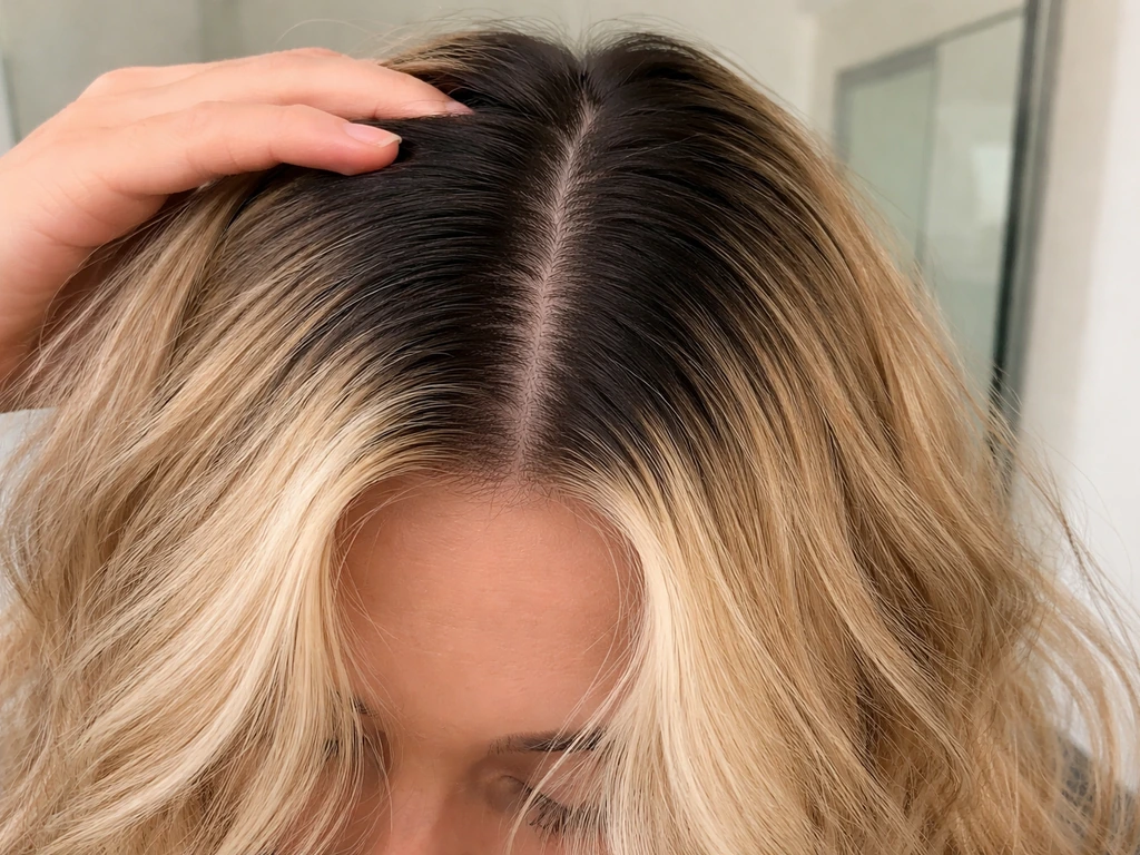 Close-up of hair showing dark roots growing out into lighter lengths with a clear root line.