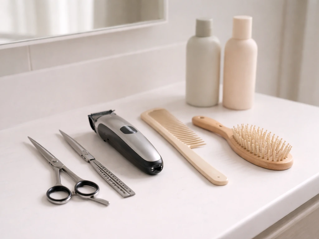 Hair-care tools and color-safe products neatly arranged on a bathroom counter for planning a hair grow-out strategy.