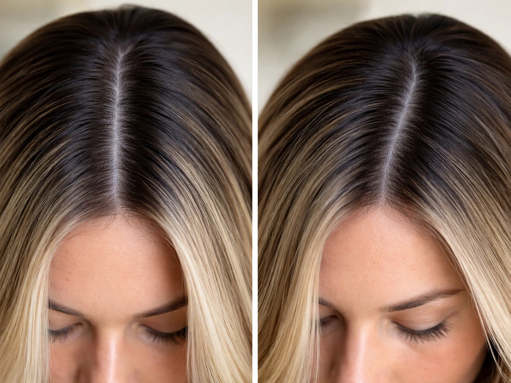 Close-up showing dark roots with a visible center part versus a less noticeable deep side part.