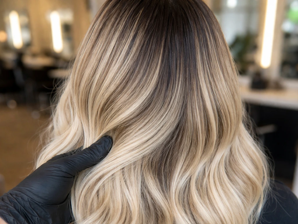 Close-up of styled hair showing smooth shadow roots blending into lighter lengths in a salon