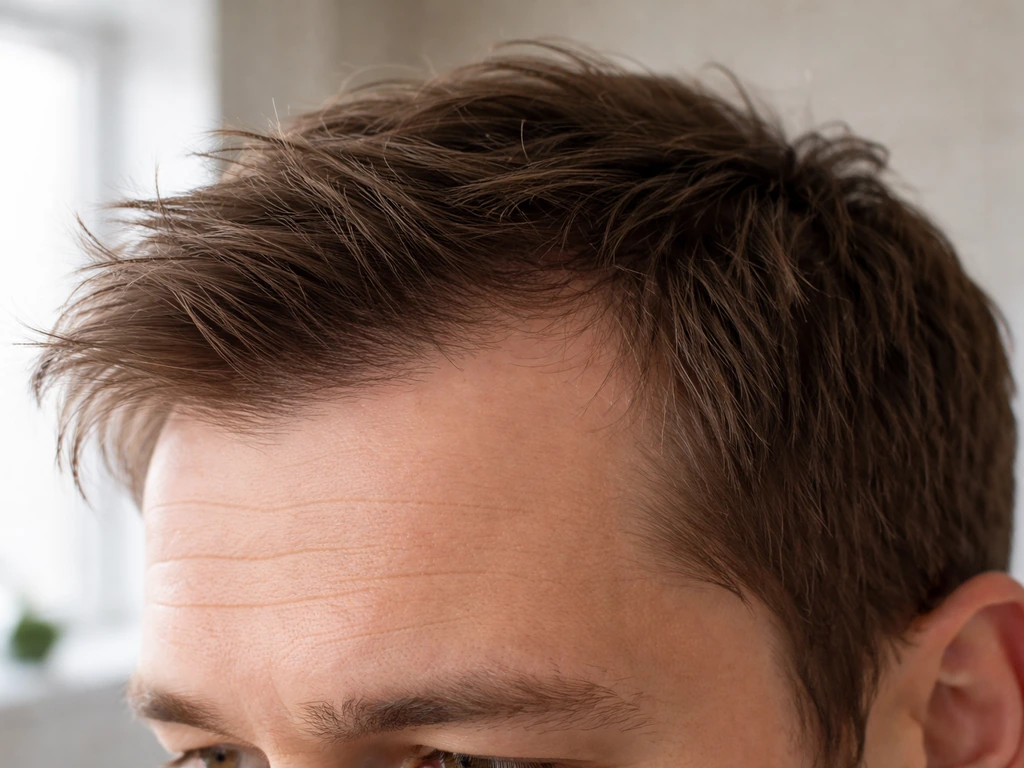 Close-up of an anonymous man’s frontotemporal hairline corners with mild thinning, soft natural light.