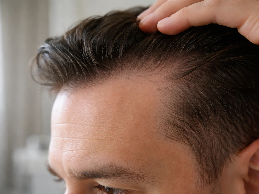 Close-up of a man’s hairline as strands are pulled tight at the temples, showing traction tension.