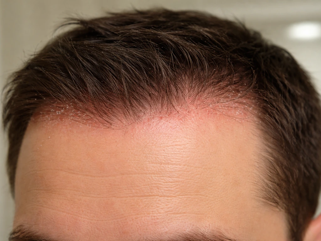 Close-up of a person’s frontal hairline with visible redness and fine dandruff-like flakes