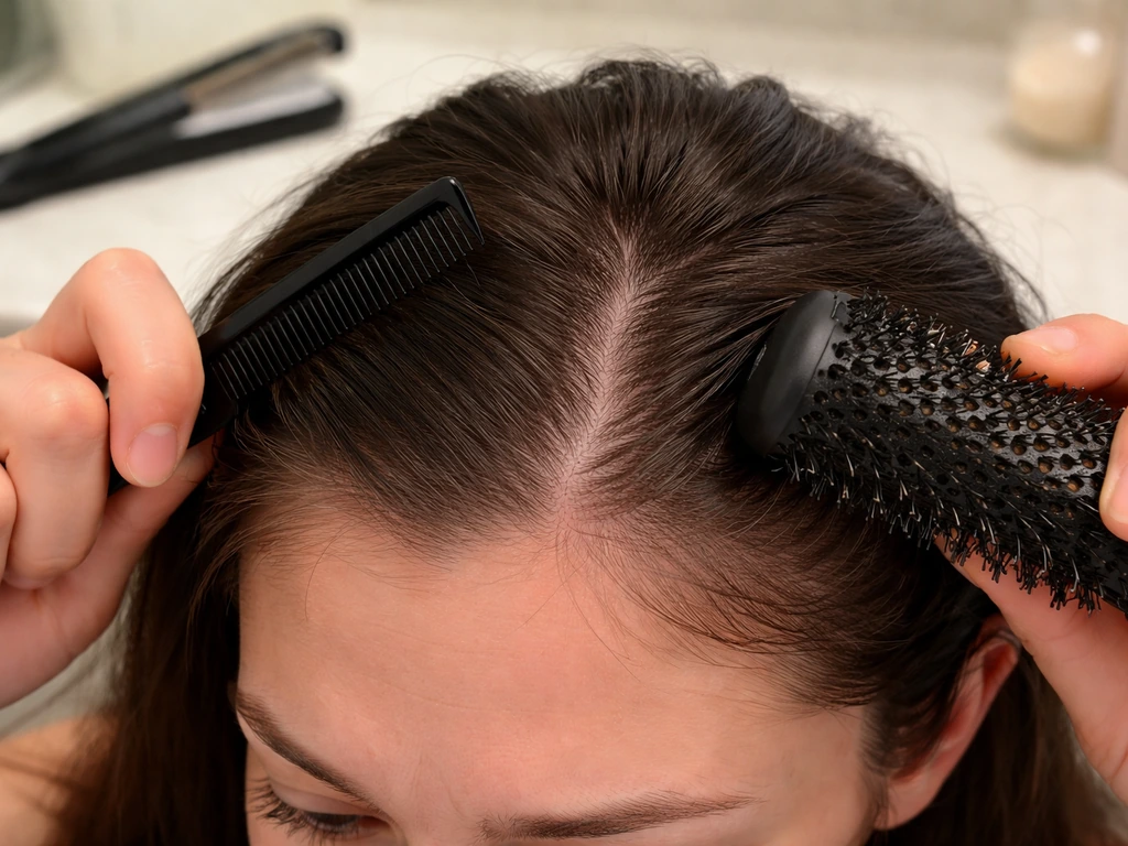 Close-up of hands aggressively brushing hairline near the corners with a hot styling tool nearby