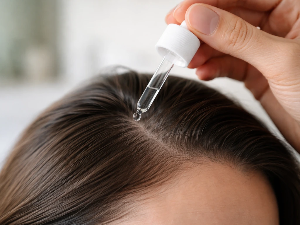 Close-up of a dropper applying minoxidil foam along a frontotemporal hairline at the corners
