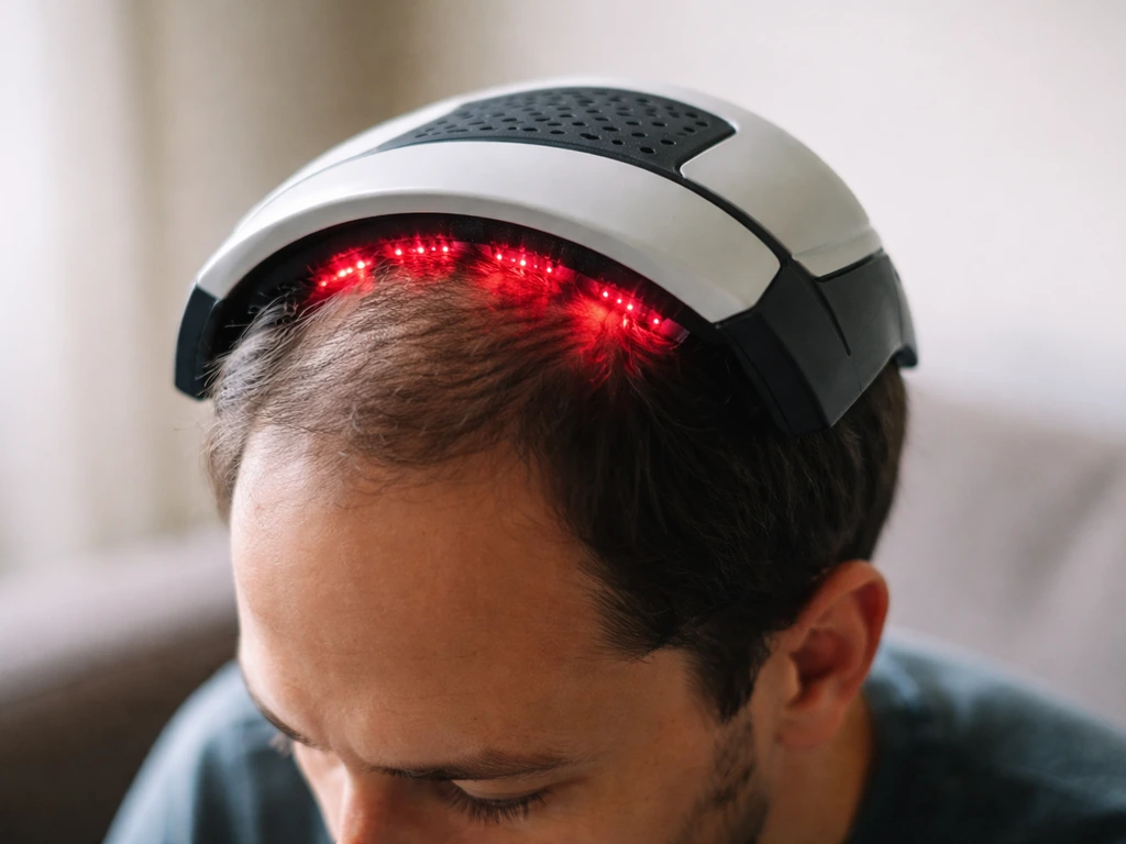 Adult wearing a low-level laser therapy cap/comb over the top and front hairline area indoors.