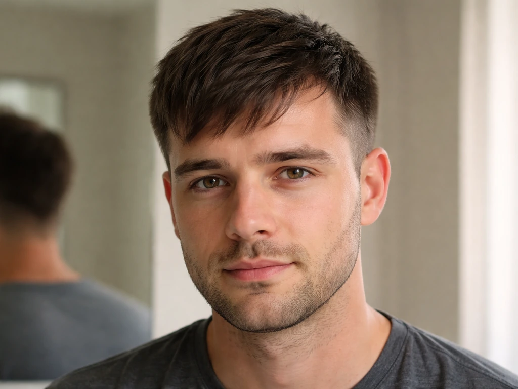 Anonymous man with patchy regrowth corners, wearing a short textured fringe to camouflage the hairline.