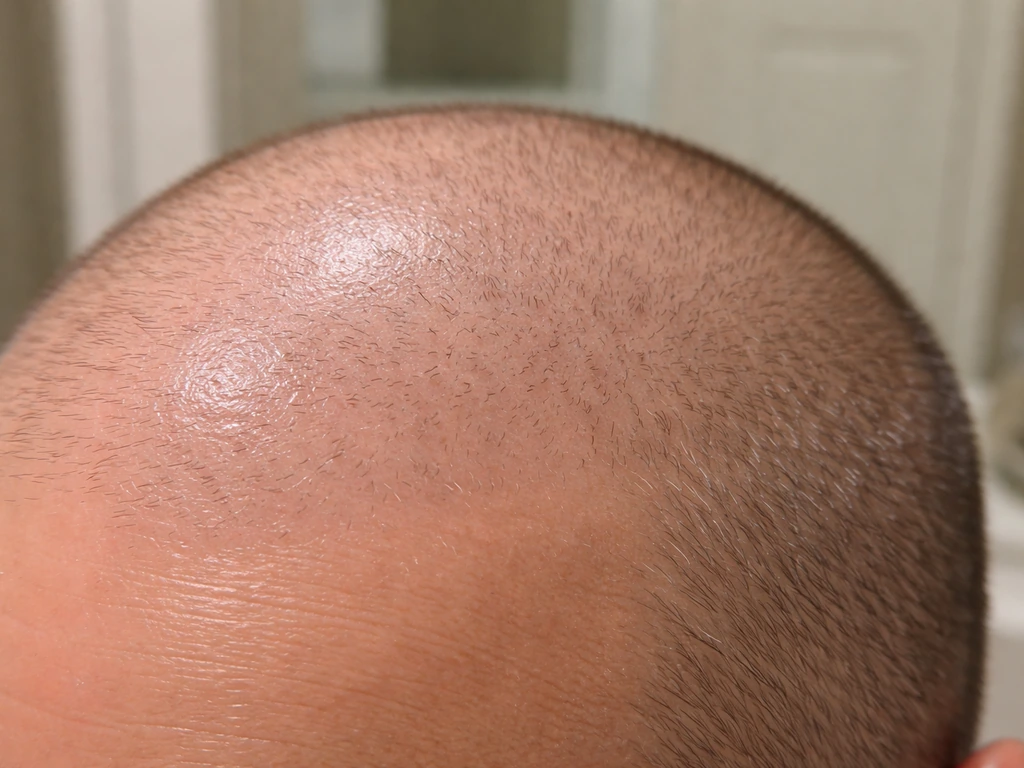Close-up of early hair regrowth texture on a shaved scalp with soft stubble and uneven natural patterns.
